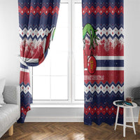 Norway Christmas window curtain panel on a window, blue-red-white pattern with bow
