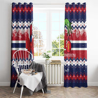 Two Norway Christmas window curtains with red bow accents and blue-red stripe design