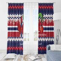 Norway Christmas window curtains with blue top, red stripe middle, and festive bow detail