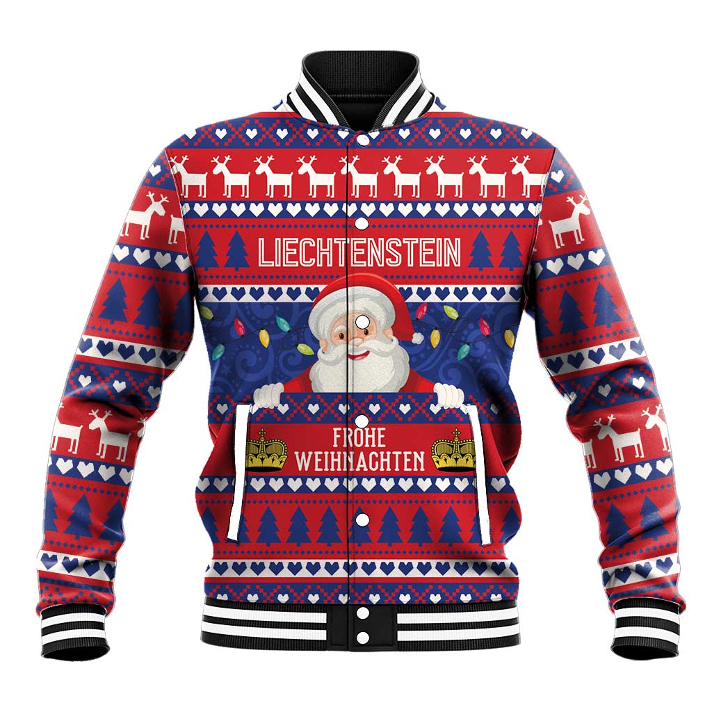 Red and blue Christmas baseball jacket with Santa graphic, striped knit collar and cuffs