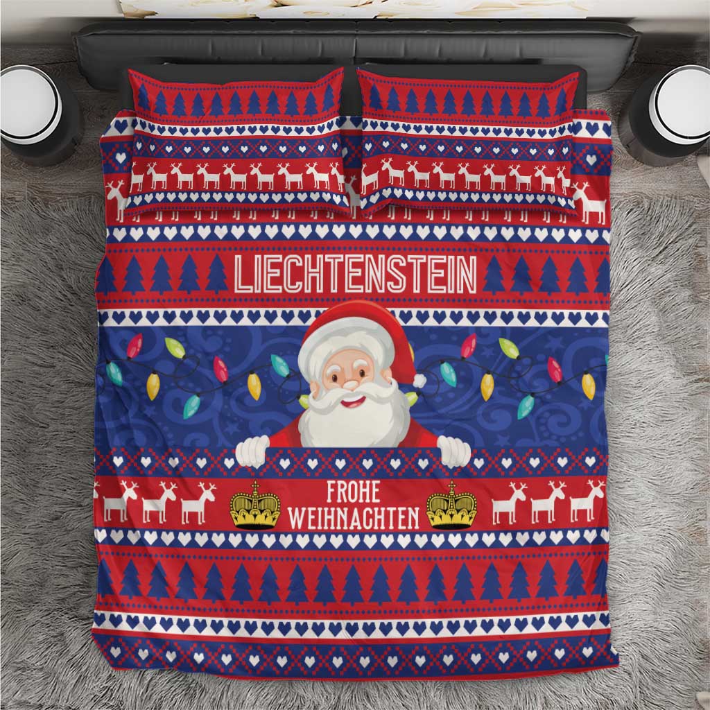 Red and blue Christmas bedding set with Santa, deer, and “Liechtenstein” text