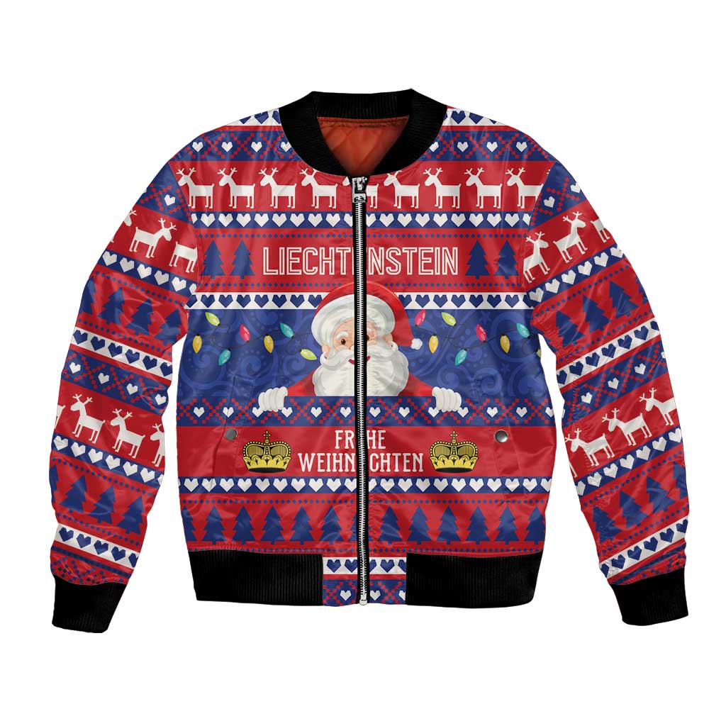 Red and blue Christmas bomber jacket with full-zip front and festive village graphic