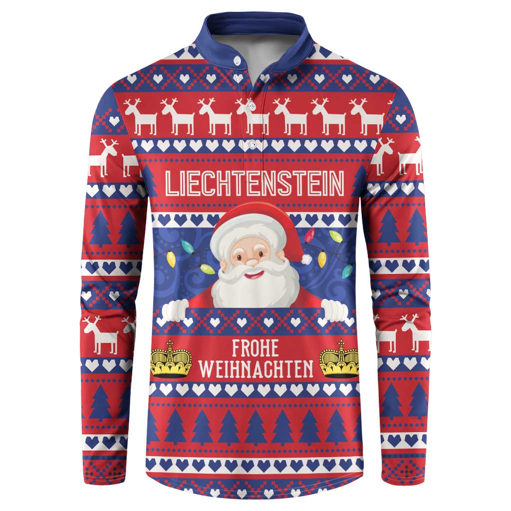 Red and navy festive button-up sweatshirt with reindeer, trees, and Santa graphic