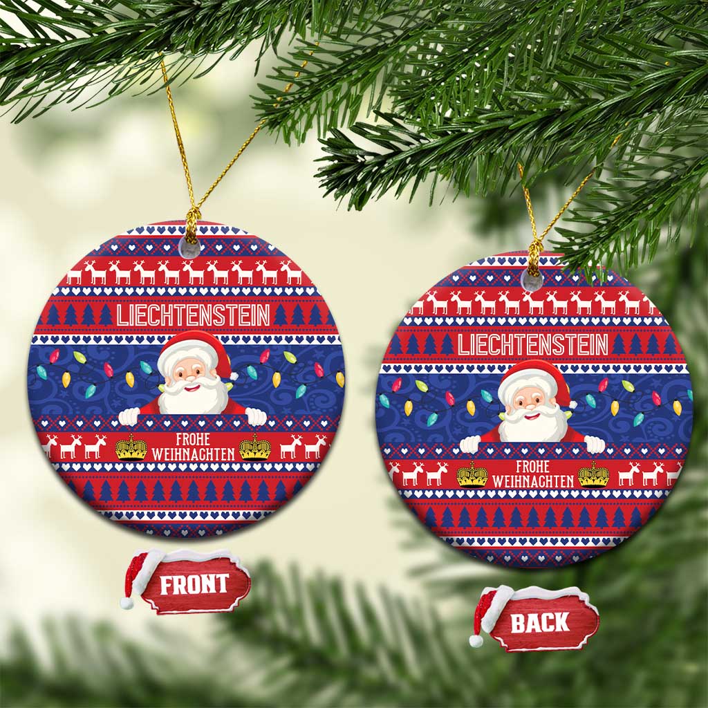 Red and blue ceramic circular Christmas ornament with Santa, reindeer, and Liechtenstein text.