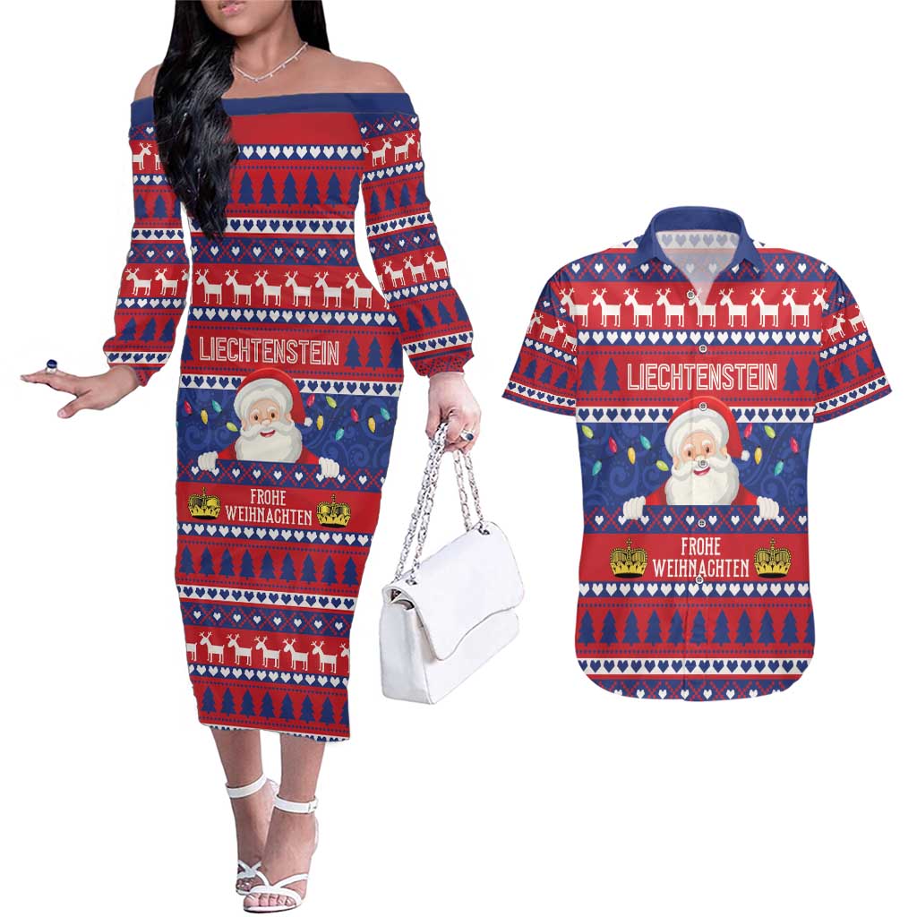 Liechtenstein Christmas Couples Matching Off The Shoulder Long Sleeve Dress and Hawaiian Shirt Frohe Weihnachten Der Weihnachtsmann - Wonder Print Shop