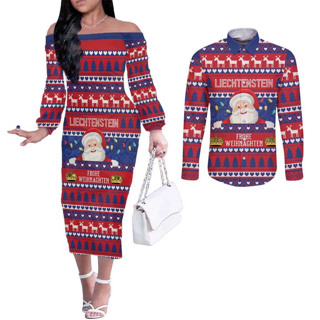 Liechtenstein Christmas Couples Matching Off The Shoulder Long Sleeve Dress and Long Sleeve Button Shirt Frohe Weihnachten Der Weihnachtsmann