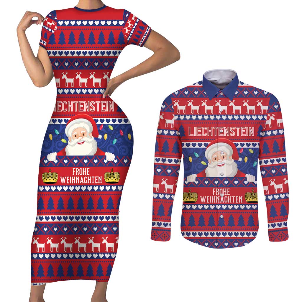 Liechtenstein Christmas Couples Matching Short Sleeve Bodycon Dress and Long Sleeve Button Shirt Frohe Weihnachten Der Weihnachtsmann - Wonder Print Shop