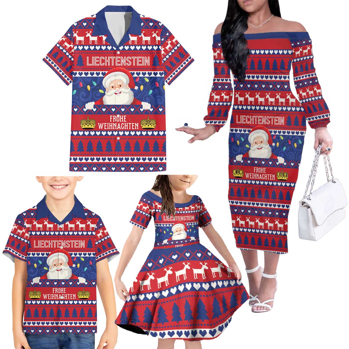 Liechtenstein Christmas Family Matching Off The Shoulder Long Sleeve Dress and Hawaiian Shirt Frohe Weihnachten Der Weihnachtsmann - Wonder Print Shop