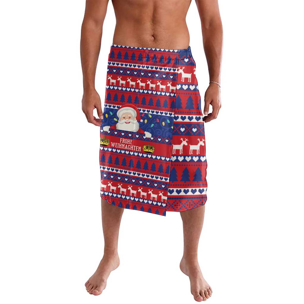 Christmas sarong with red and blue Nordic reindeer and Santa print, wrap-style