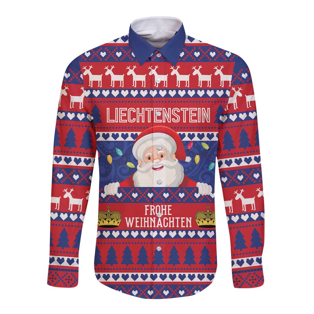 Red long-sleeve button shirt with festive Reindeer and Frohe Weihnachten front graphic