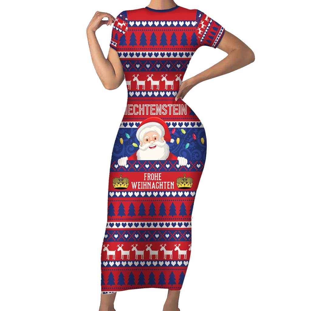 Liechtenstein Christmas Short Sleeve Bodycon Dress Frohe Weihnachten Der Weihnachtsmann - Wonder Print Shop