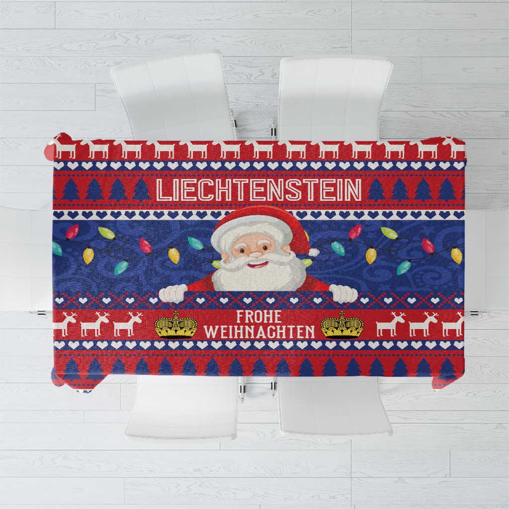 Christmas tablecloth with red, blue, and white folk pattern and Liechtenstein lettering
