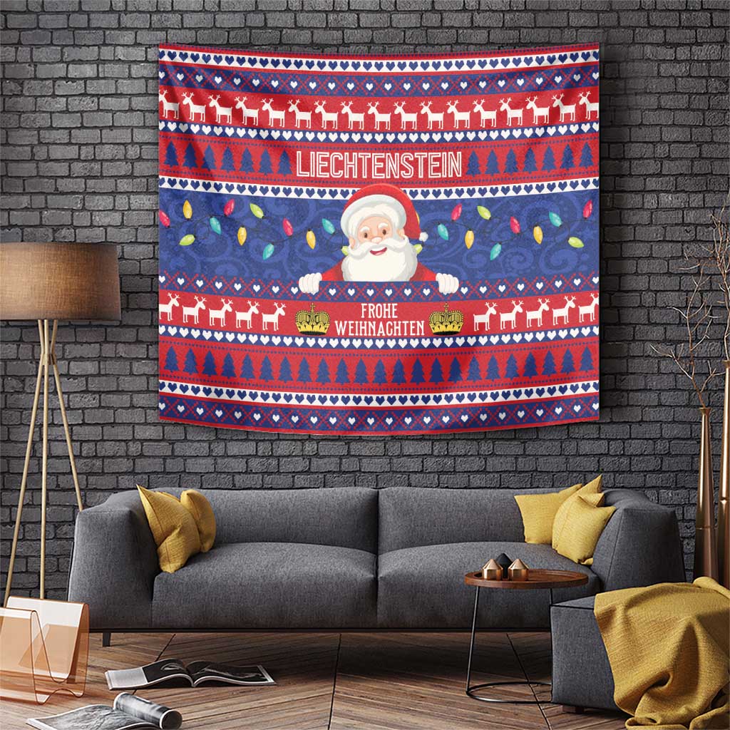 Red and blue Christmas tapestry with Santa, reindeer, and 'Liechtenstein' text
