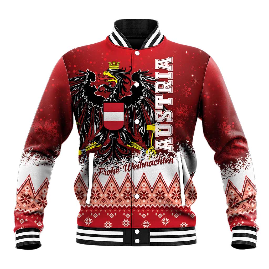 Red baseball jacket with Austria eagle crest and 'Frohe Weihnachten' holiday graphic