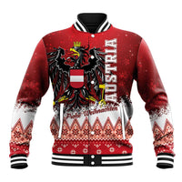 Red baseball jacket with Austria eagle crest and 'Frohe Weihnachten' holiday graphic