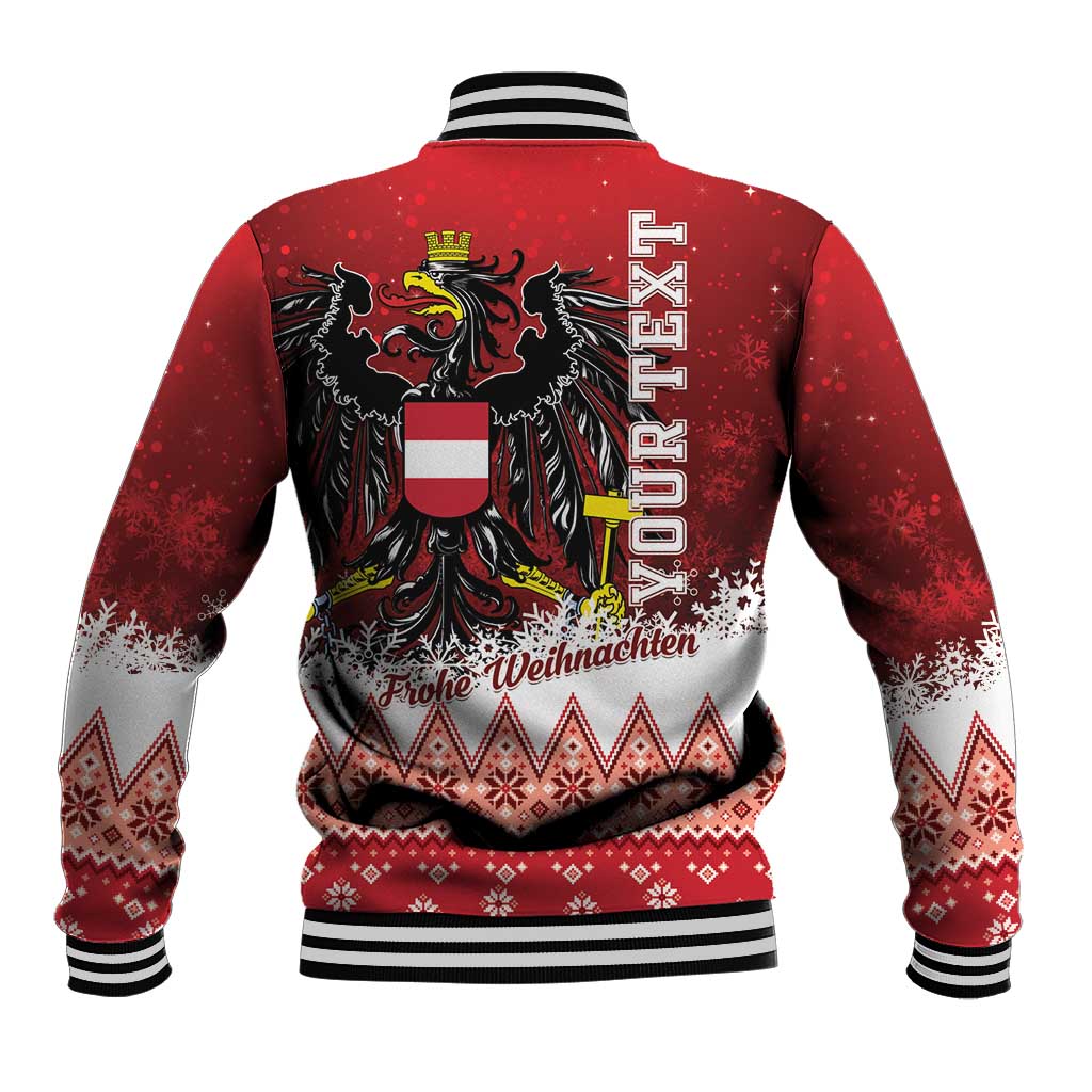 Red baseball jacket back with Austria eagle crest and 'Frohe Weihnachten' text graphic