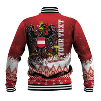 Red baseball jacket back with Austria eagle crest and 'Frohe Weihnachten' text graphic