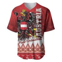 Red baseball jersey with Austria eagle crest and 'Frohe Weihnachten' print