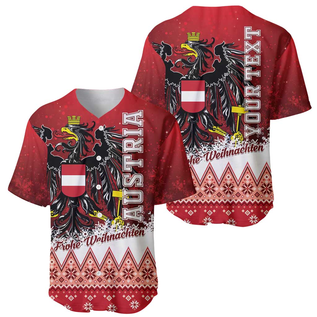 Two red baseball jerseys with Austria eagle crest and 'Frohe Weihnachten' print