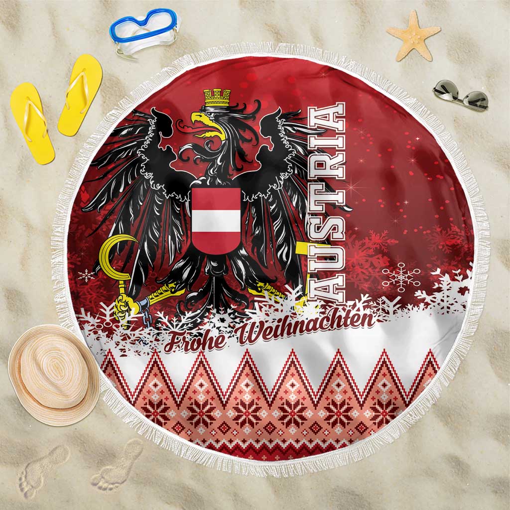Red and white round Christmas beach blanket with eagle crest and fringe, 150cm.
