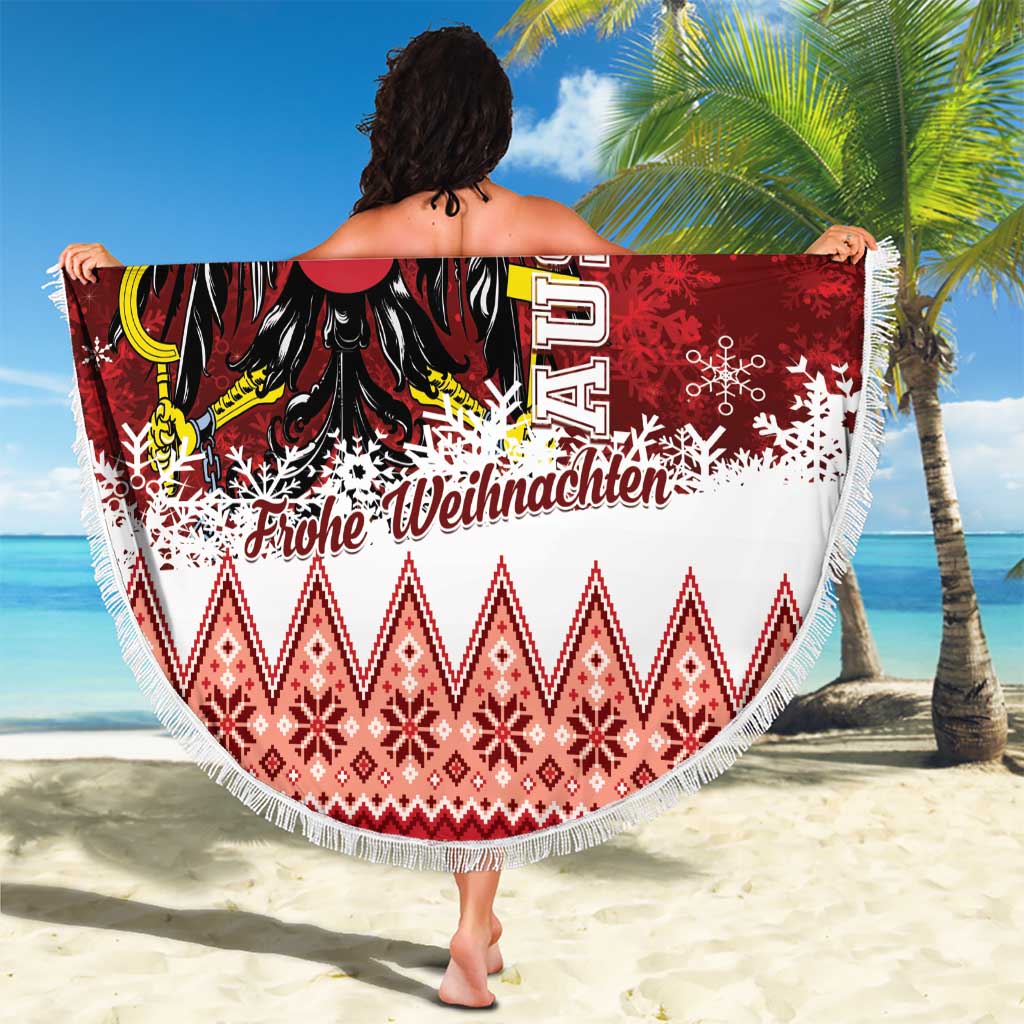 Round fringed beach blanket in red and white with eagle crest and 'Frohe Weihnachten', 150cm.