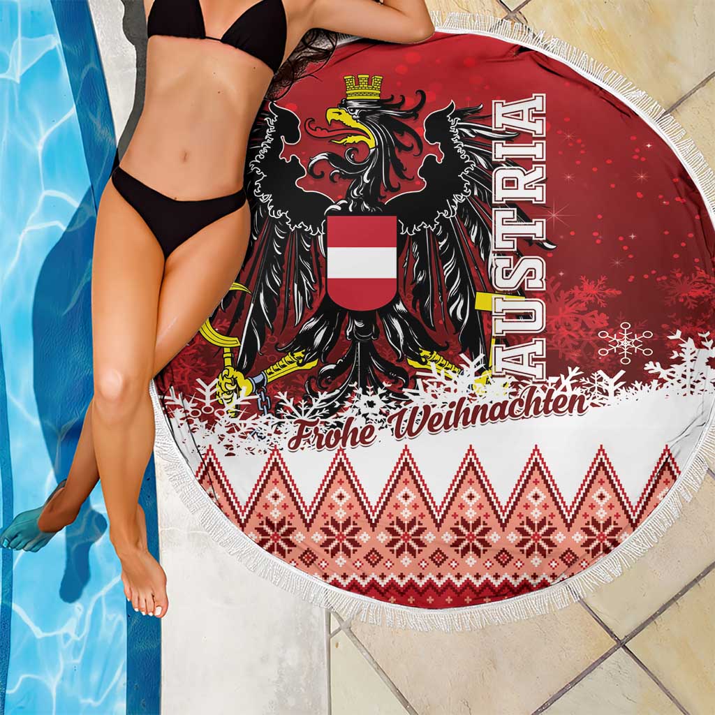 Red and white round beach blanket with eagle crest center design and fringe edge, 150cm.