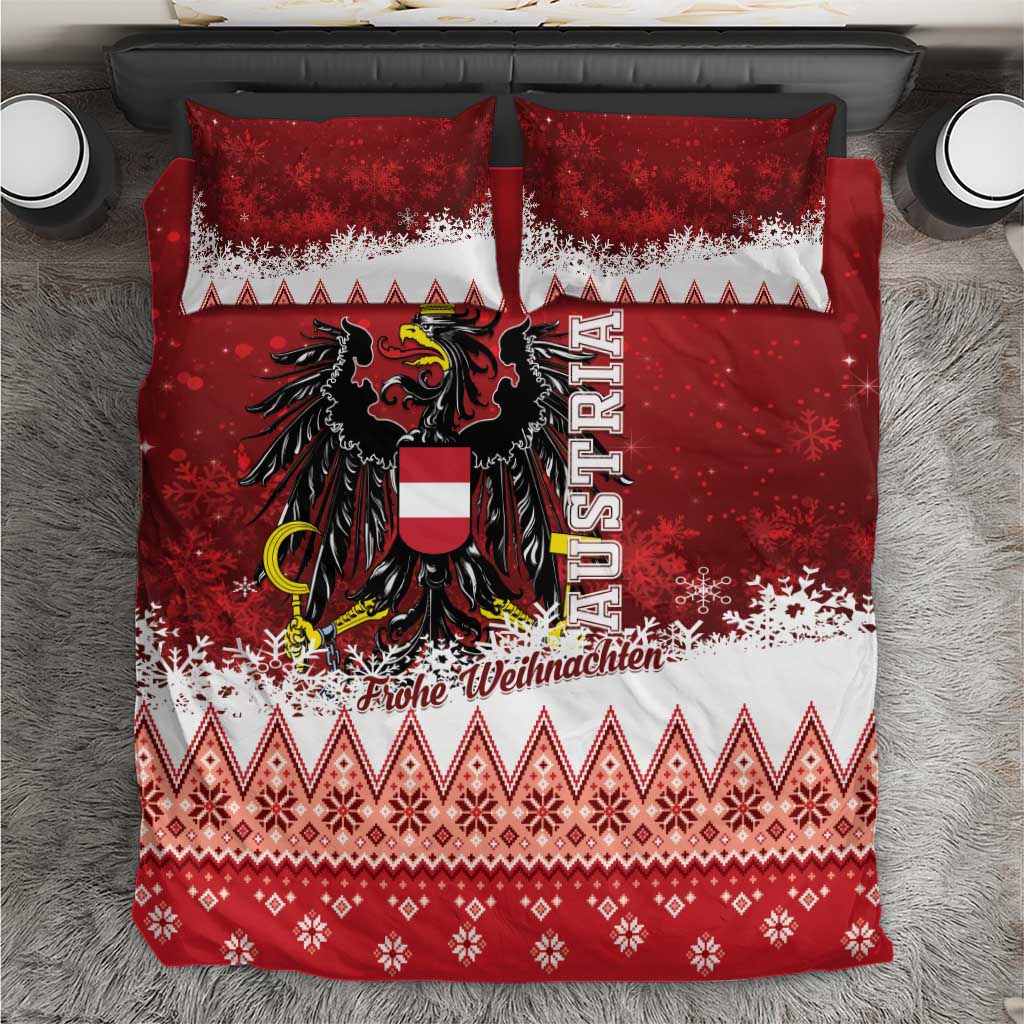 Red and white Christmas bedding set with eagle crest, snowflake bands, and knit-pattern trim.