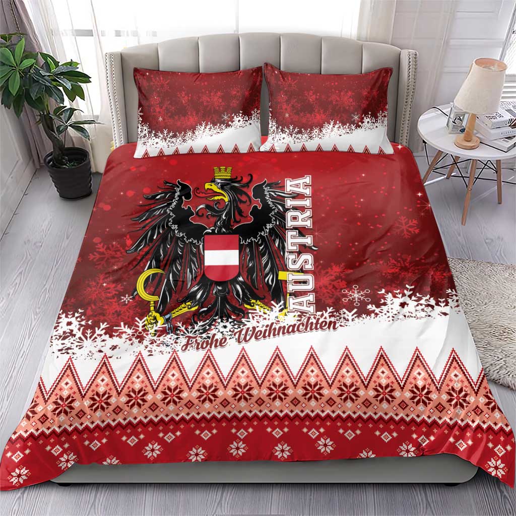 Red and white Christmas bedding set: duvet with eagle crest, “Frohe Weihnachten,” and patterned border.