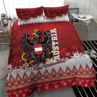 Red Christmas bedding set with eagle shield graphic, “Frohe Weihnachten,” snow bands, and trim.