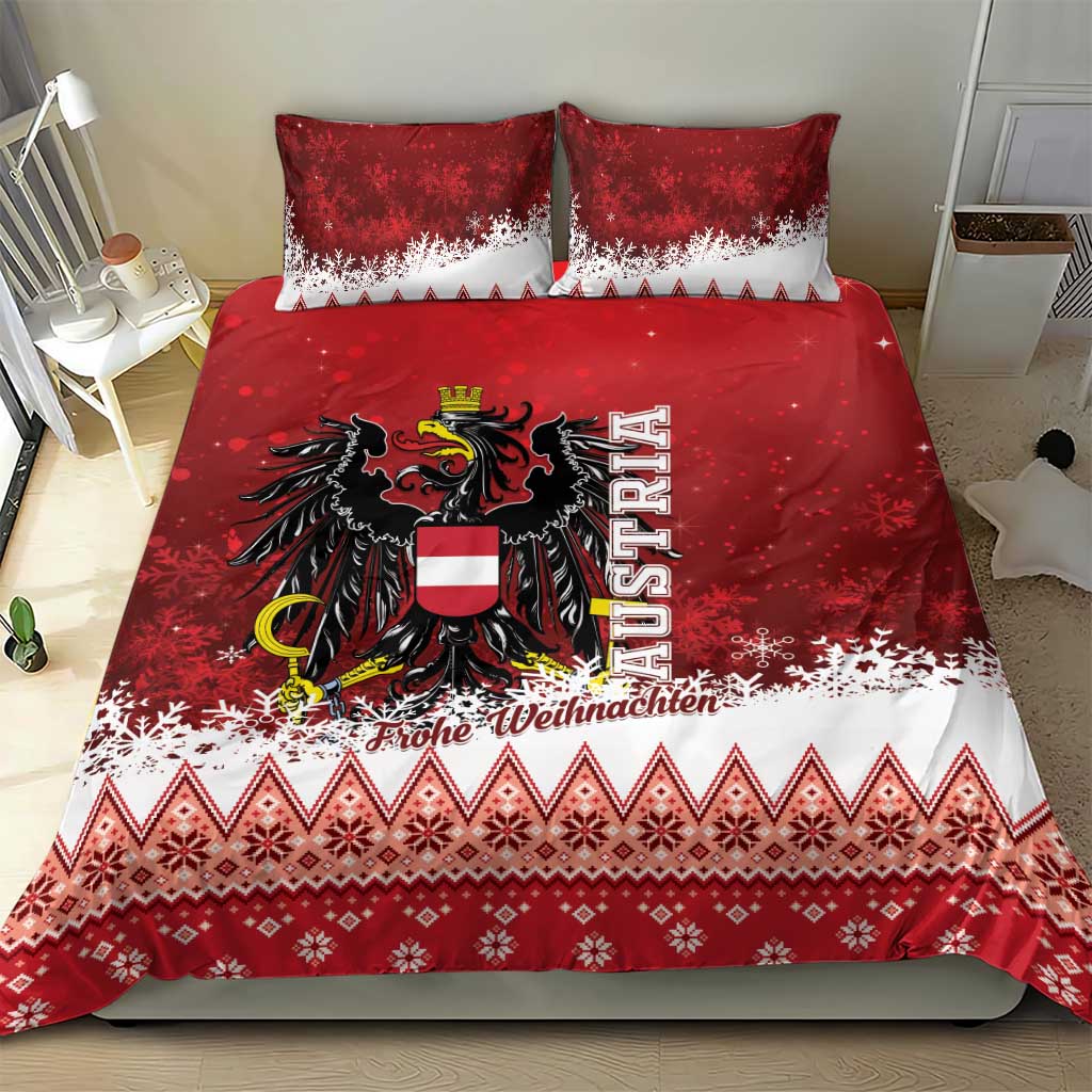 Red and white Christmas bedding set on bed: eagle crest center graphic with festive patterned hem.