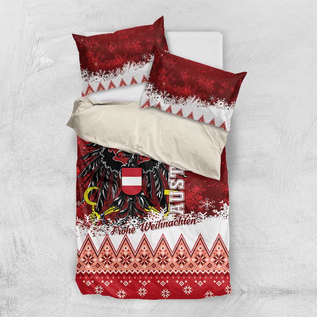 Red and white Christmas duvet set with two pillowcases, eagle crest, and “Frohe Weihnachten” print.