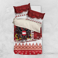 Red and white Christmas duvet set with two pillowcases, eagle crest, and “Frohe Weihnachten” print.