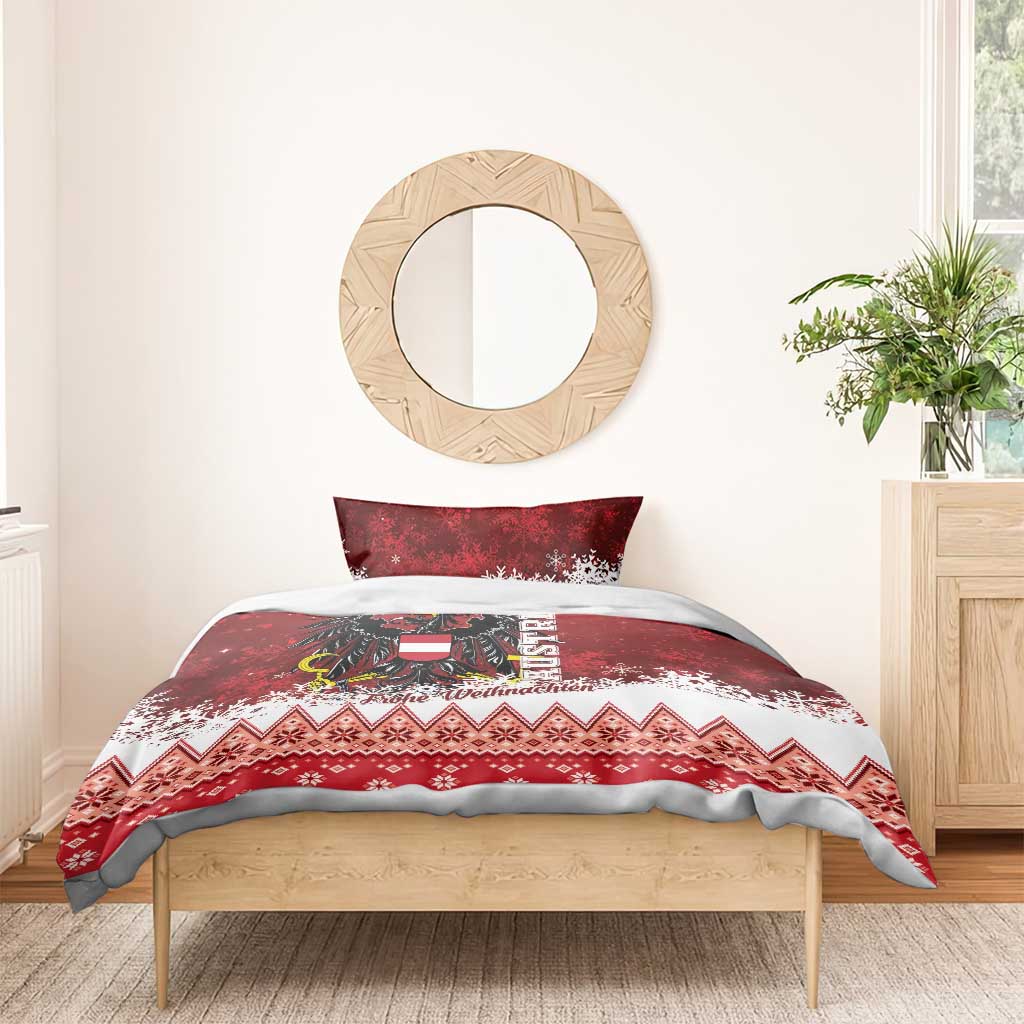 Red Christmas duvet and pillow set with eagle crest, “Frohe Weihnachten,” snow and zigzag trim.