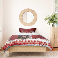 Red Christmas duvet and pillow set with eagle crest, “Frohe Weihnachten,” snow and zigzag trim.