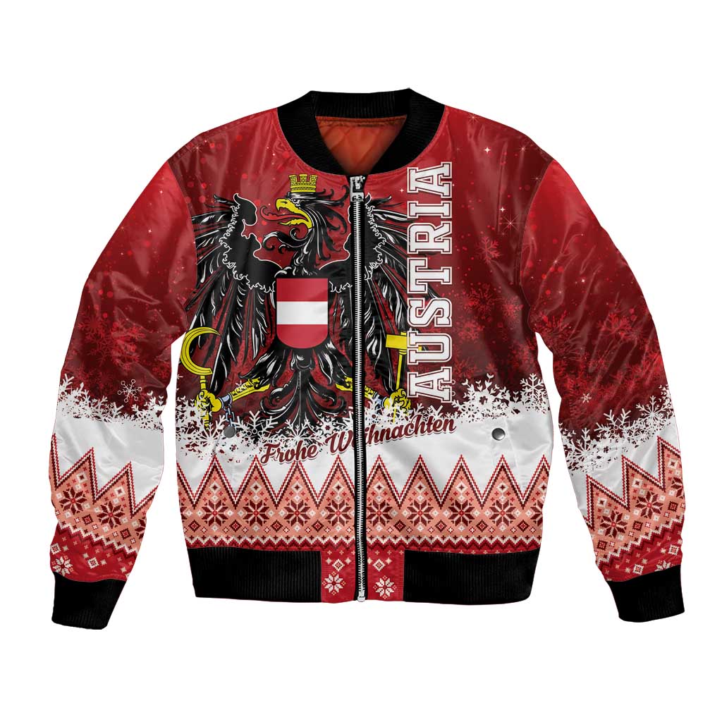 Red bomber jacket with eagle crest, Austria text, front zipper, and Nordic knit hem