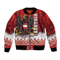 Red bomber jacket with eagle crest, Austria text, front zipper, and Nordic knit hem