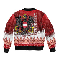 Red bomber jacket with eagle crest, vertical Austria text, and winter sweater trim