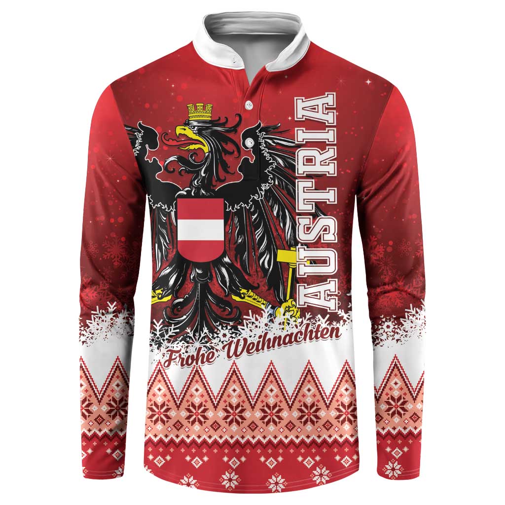 Red long-sleeve Christmas sweatshirt with white collar, eagle crest and 'Frohe Weihnachten'