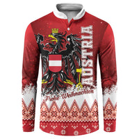 Red long-sleeve Christmas sweatshirt with white collar, eagle crest and 'Frohe Weihnachten'