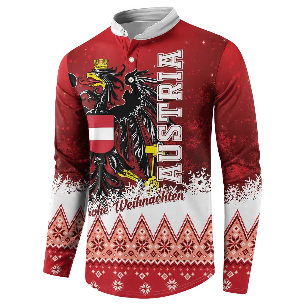 Red long-sleeve button Christmas sweatshirt with eagle emblem and patterned snowflake hem