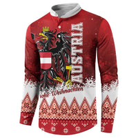 Red long-sleeve button Christmas sweatshirt with eagle emblem and patterned snowflake hem