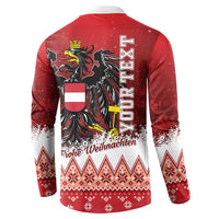 Red back-view Christmas sweatshirt with eagle crest, vertical Austria text, and patterned band
