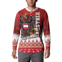 Red button-up Christmas sweatshirt with Austrian eagle and 'Frohe Weihnachten' graphic
