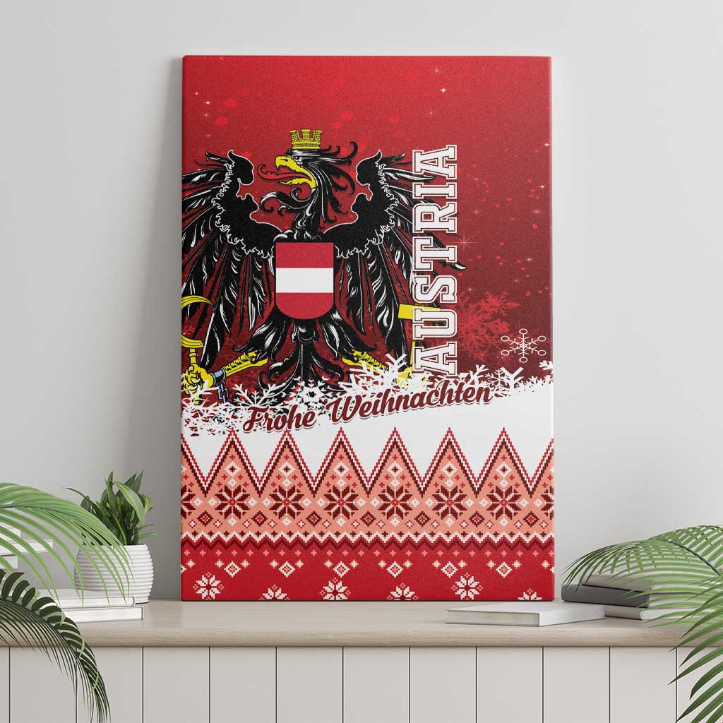Red canvas wall art with Austrian eagle, snowflakes, and patterned 'Frohe Weihnachten' lettering.