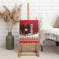 Red canvas wall art with Austrian eagle crest and 'Frohe Weihnachten' over festive pattern.