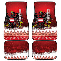 Red Christmas car mats set with Austrian eagle, decorative border, and “Frohe Weihnachten”