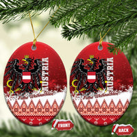 Red Austria eagle ceramic Christmas ornament, oval shape with gold crown crest and greeting text