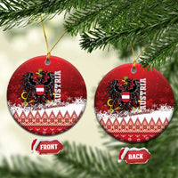 Red Austria eagle ceramic Christmas ornament, round design with gold banner and greeting text