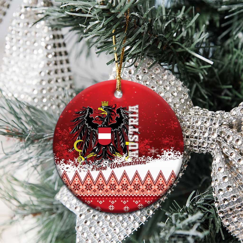 Red Austria eagle ceramic Christmas ornament, round disc with patterned stripe band and greeting