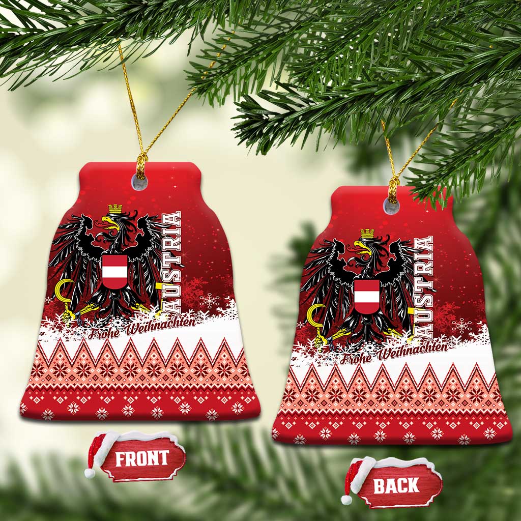Red Austria eagle ceramic Christmas ornament, bell-shaped with patterned band and greeting text